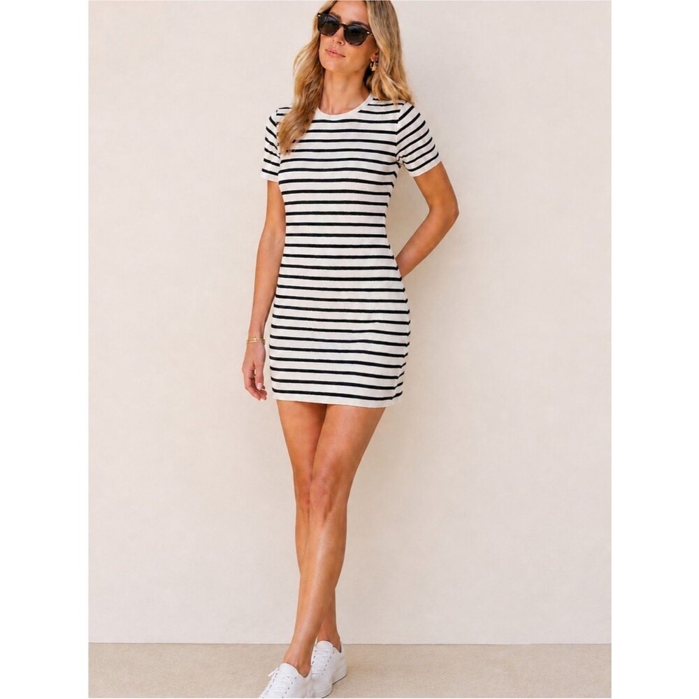 Reformation Kendy Striped Rib-Knit Short Sleeve Dress Navy White Size Small